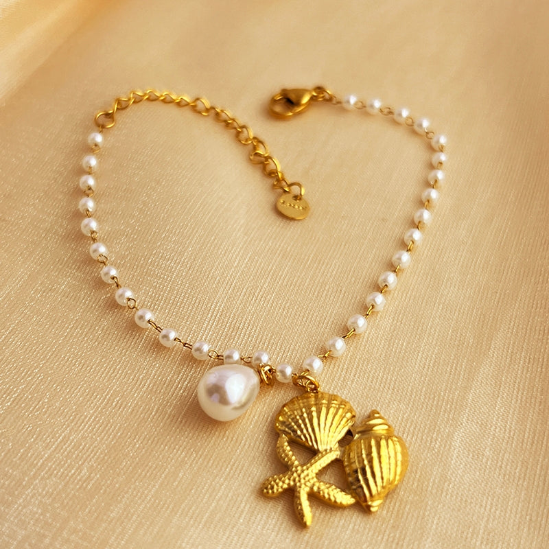 Hawaiian Starfish Conch Shell Pearl 18K Gold Plated Stainless Steel Bracelet for Women