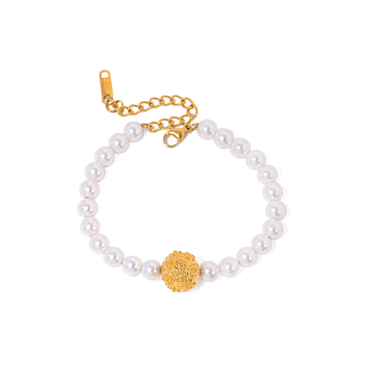 IG Style 18K Gold Hammer Embossed Flower Ball Pearl Stainless Steel Bracelet