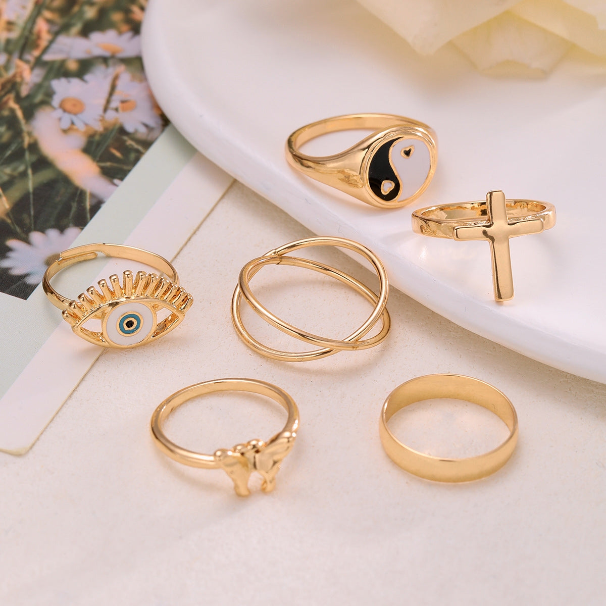 IG Style Retro Devil's Eye Cross Alloy Rings Set - 6pcs Unique Creative Design