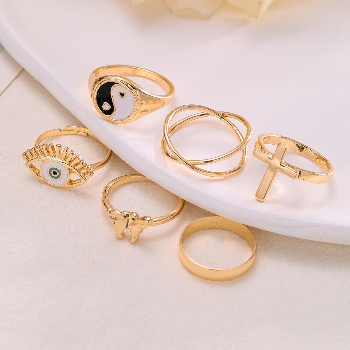 IG Style Retro Devil's Eye Cross Alloy Rings Set - 6pcs Unique Creative Design