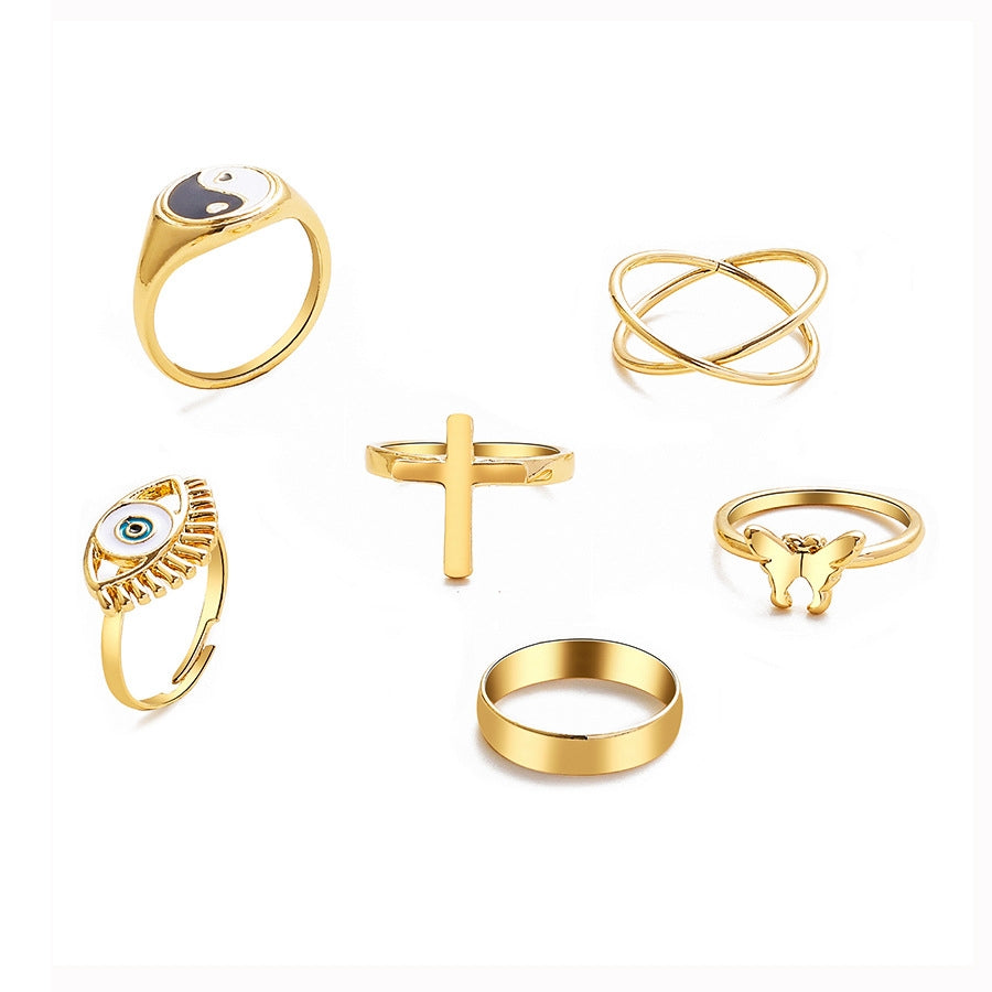 IG Style Retro Devil's Eye Cross Alloy Rings Set - 6pcs Unique Creative Design