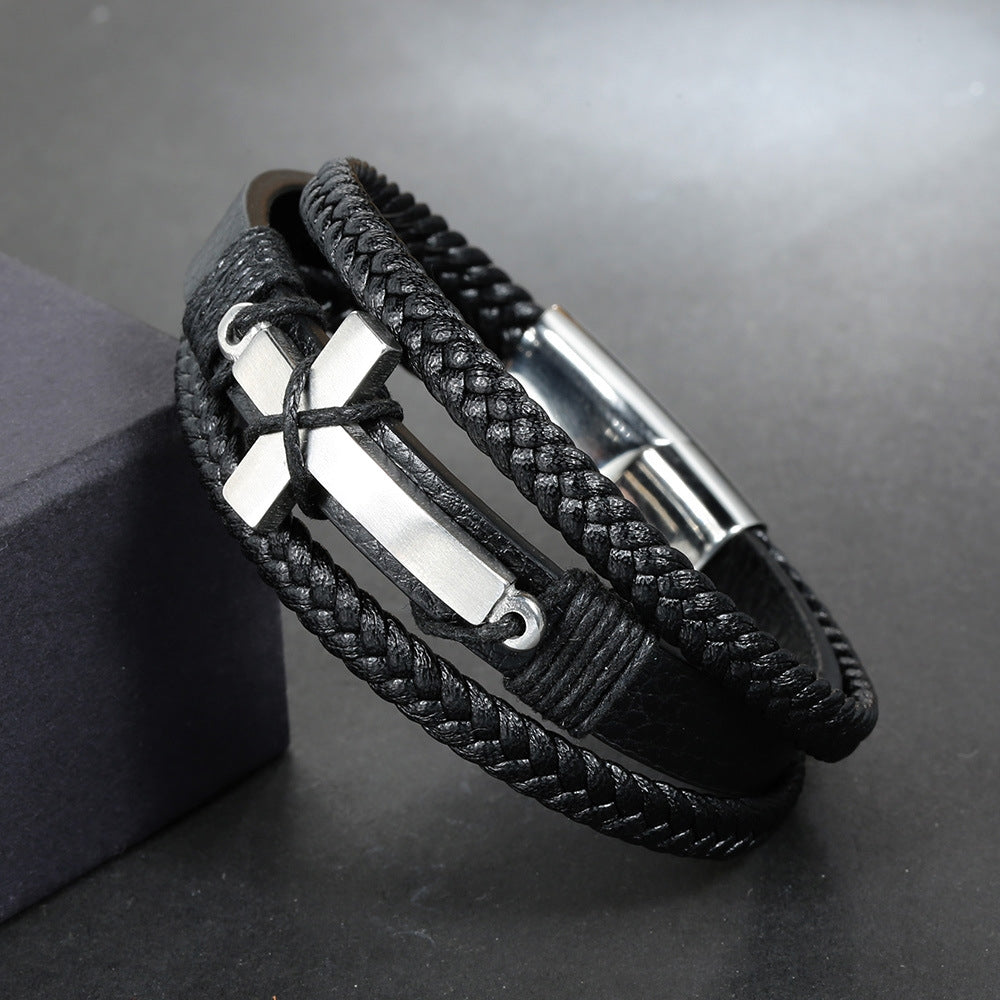 IG Style Retro Cross Stainless Steel Braided Leather Magnetic Clasp Men's Bracelet