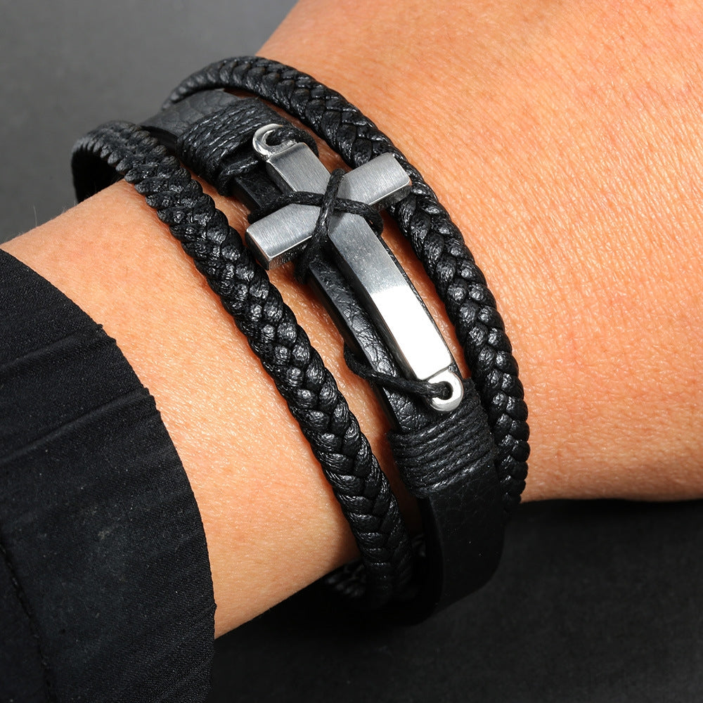 IG Style Retro Cross Stainless Steel Braided Leather Magnetic Clasp Men's Bracelet