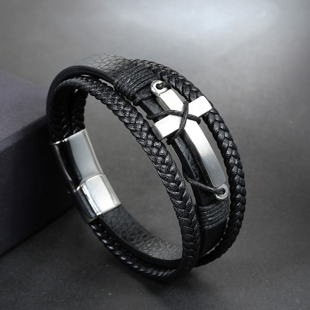 IG Style Retro Cross Stainless Steel Braided Leather Magnetic Clasp Men's Bracelet