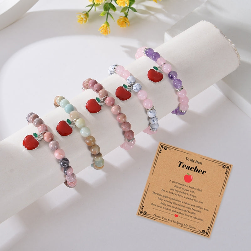 IG Style Apple Natural Stone Titanium Steel Beaded Zircon Women's Bracelet with Enamel Inlay and Pink Zebra Stone Pendant