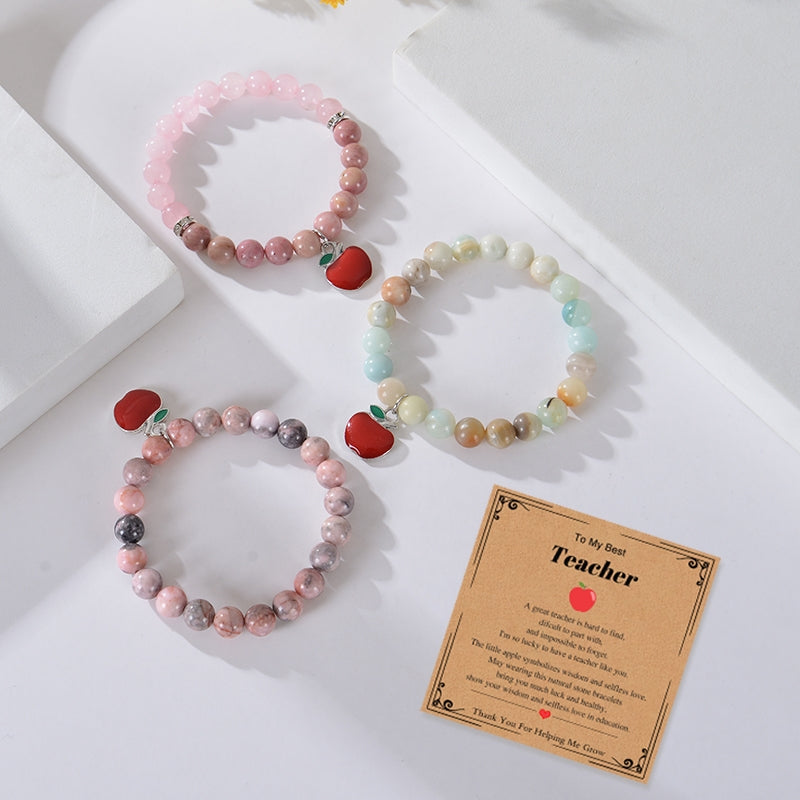 IG Style Apple Natural Stone Titanium Steel Beaded Zircon Women's Bracelet with Enamel Inlay and Pink Zebra Stone Pendant