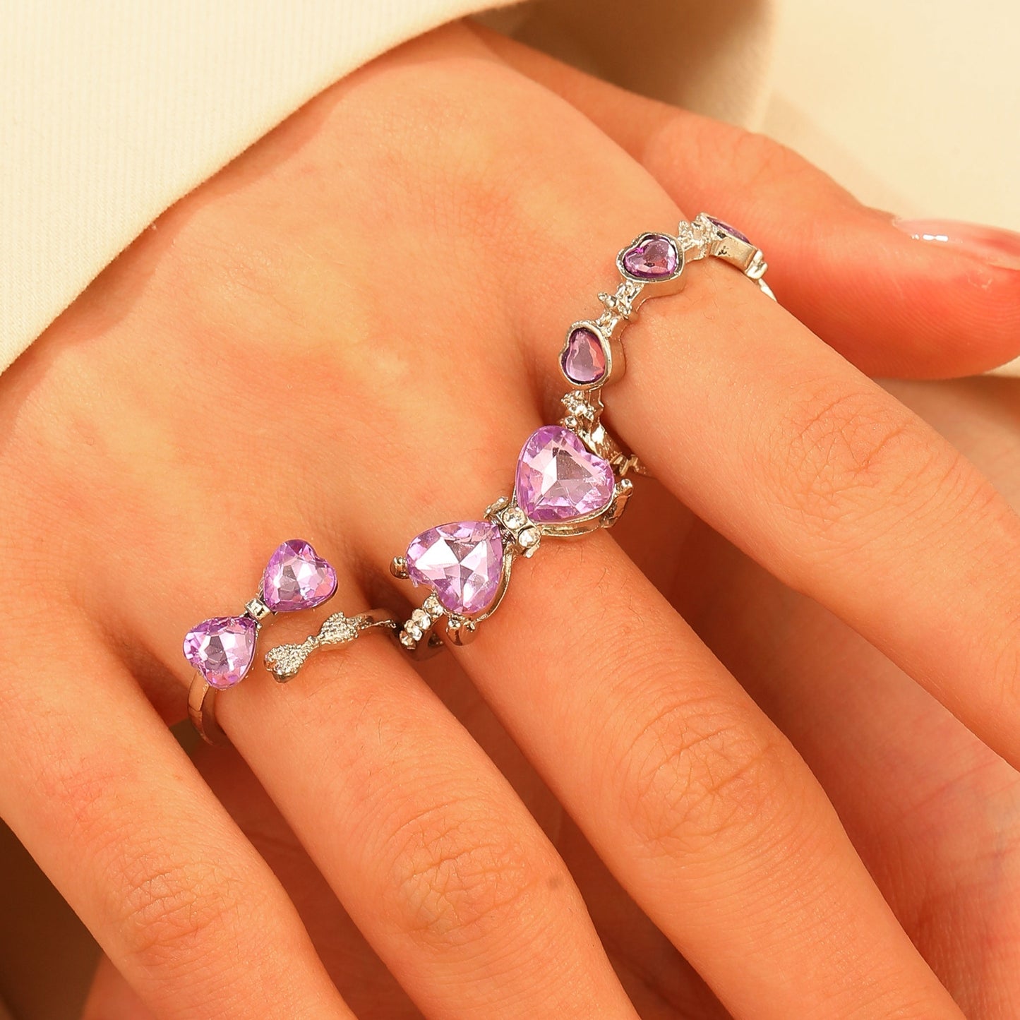 IG Style Heart Bow Knot Rhinestone Open Ring for Women