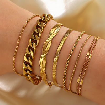 18K Gold Plated Stainless Steel Twist and Cuba Chain Bracelet Set