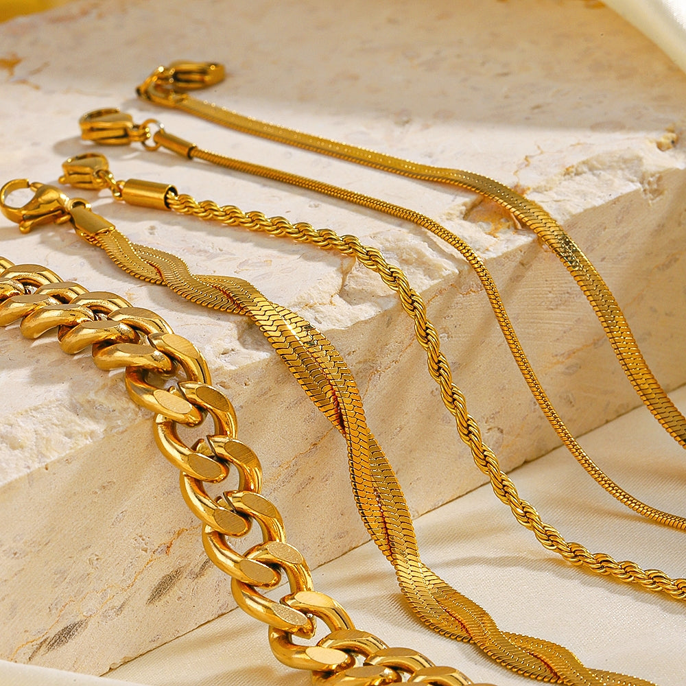 18K Gold Plated Stainless Steel Twist and Cuba Chain Bracelet Set