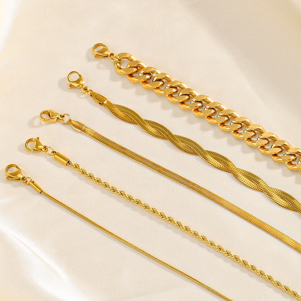 18K Gold Plated Stainless Steel Twist and Cuba Chain Bracelet Set