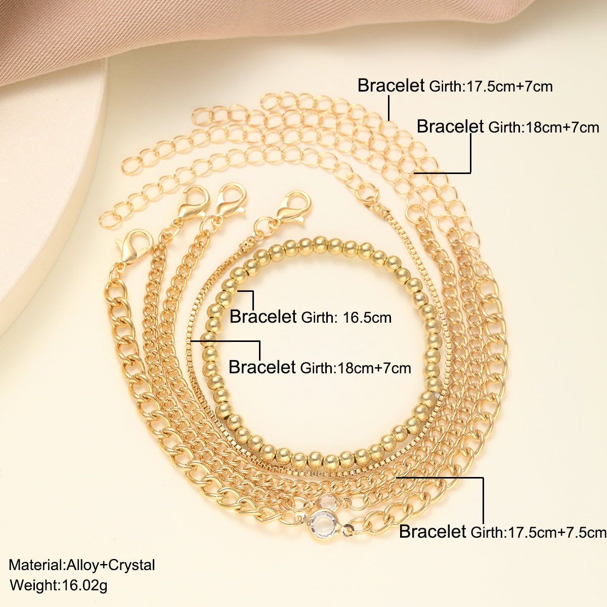 IG Style Geometric Alloy Bracelets & Simple Metal Chain Jewelry Set - 5-Piece Zircon Beads Accessories