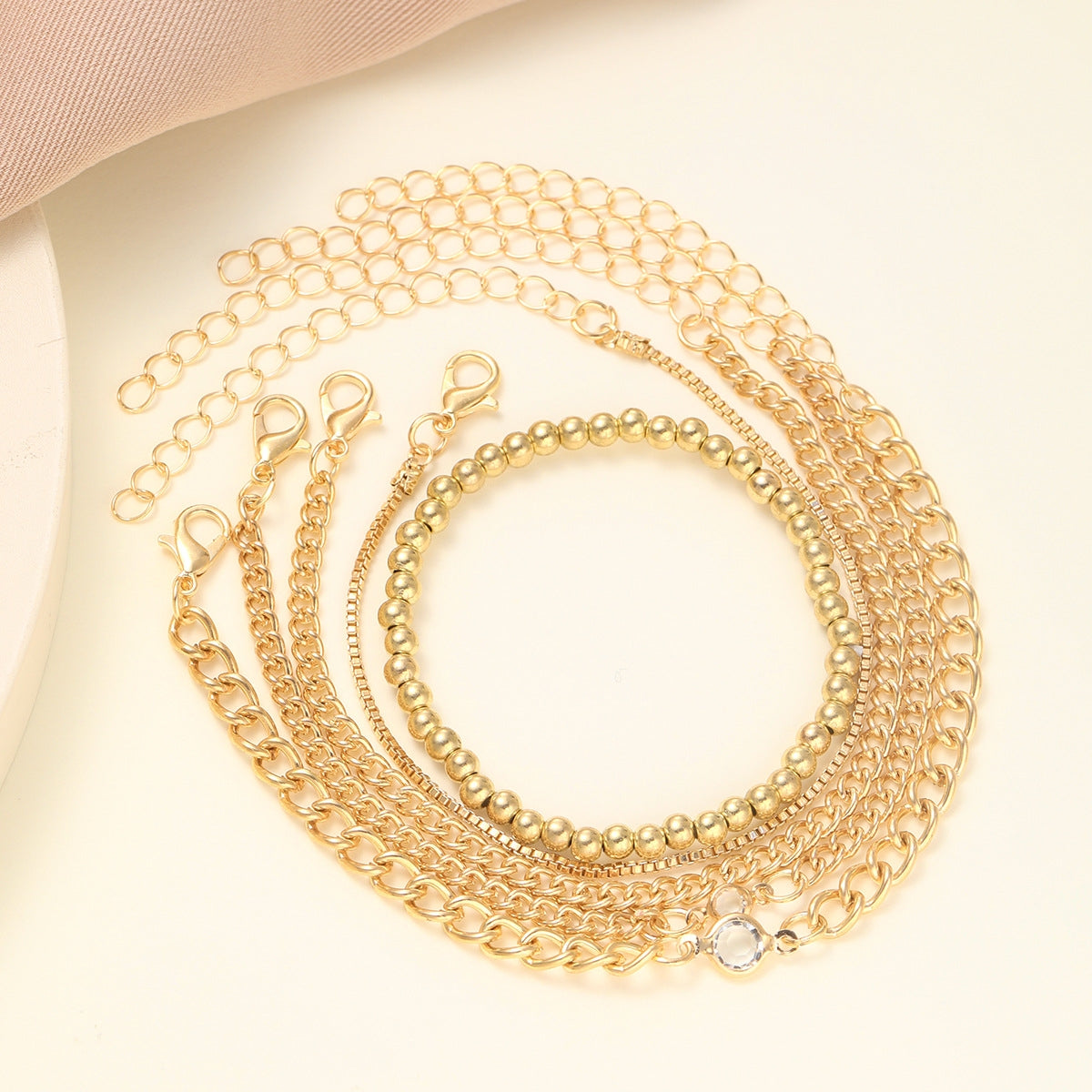 IG Style Geometric Alloy Bracelets & Simple Metal Chain Jewelry Set - 5-Piece Zircon Beads Accessories