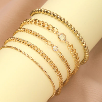 IG Style Geometric Alloy Bracelets & Simple Metal Chain Jewelry Set - 5-Piece Zircon Beads Accessories