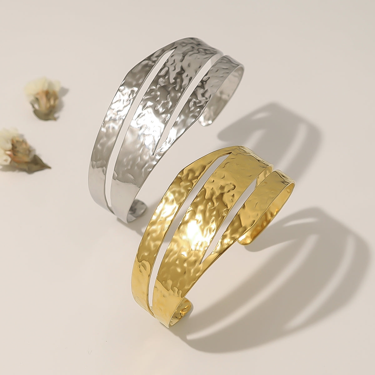 IG Style Vintage Geometric 18K Gold Plated Stainless Steel Bangle - Elegant Wide Face with Fine Cutout Design