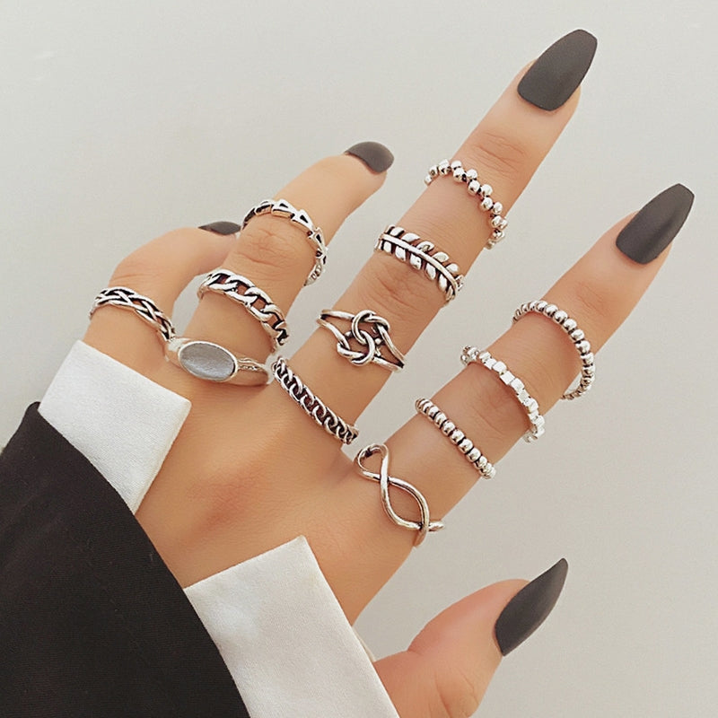 IG Style Vintage Geometric Silver Plated Women's Ring Set - 12 Pieces
