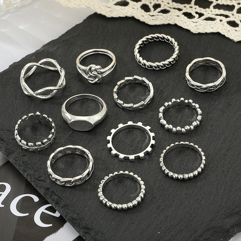 IG Style Vintage Geometric Silver Plated Women's Ring Set - 12 Pieces