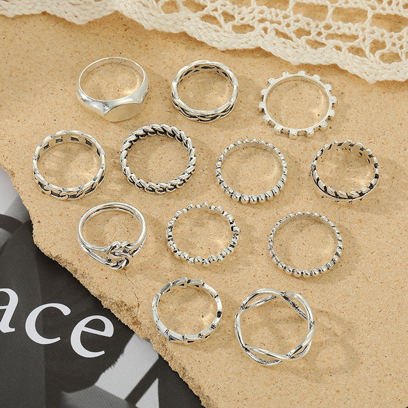 IG Style Vintage Geometric Silver Plated Women's Ring Set - 12 Pieces