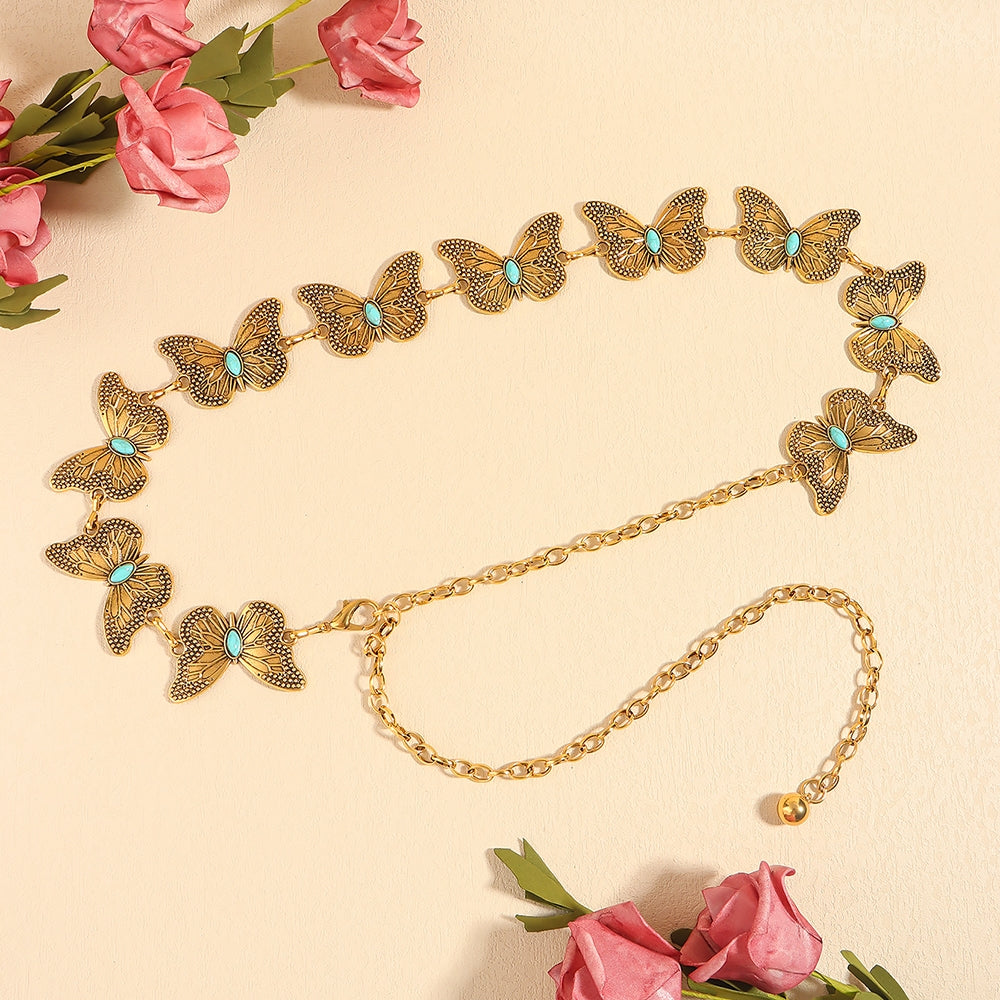 Turquoise Butterfly Alloy Chain Belt for Women