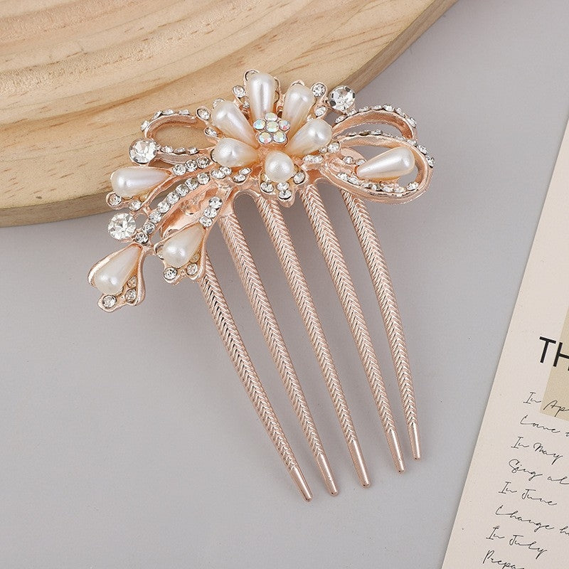 Elegant Pearl & Rhinestone Flower Hair Comb - Alloy Hairpin Accessory