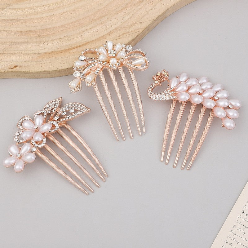 Elegant Pearl & Rhinestone Flower Hair Comb - Alloy Hairpin Accessory