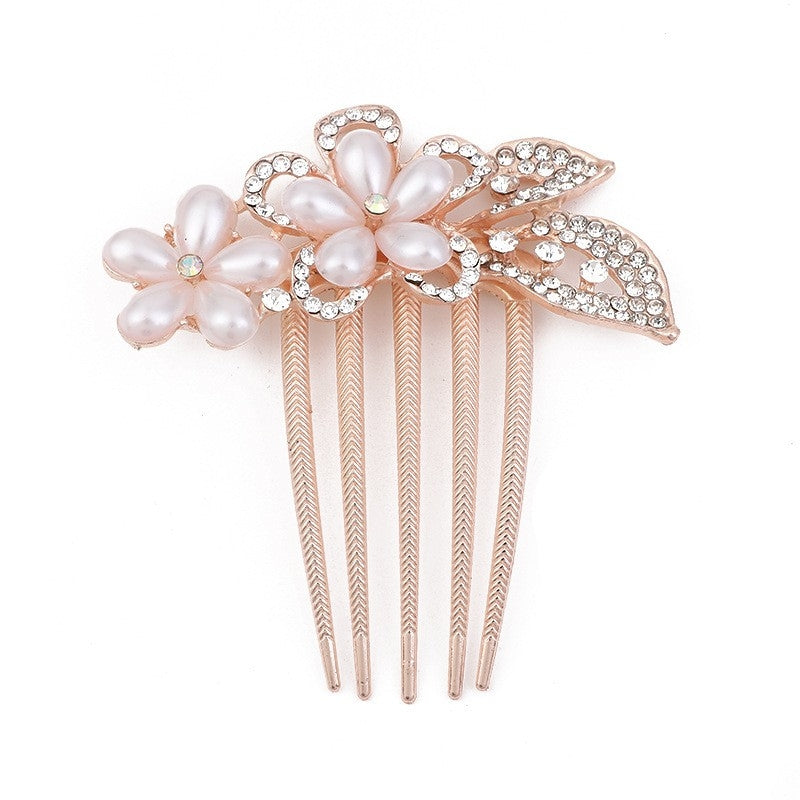 Elegant Pearl & Rhinestone Flower Hair Comb - Alloy Hairpin Accessory