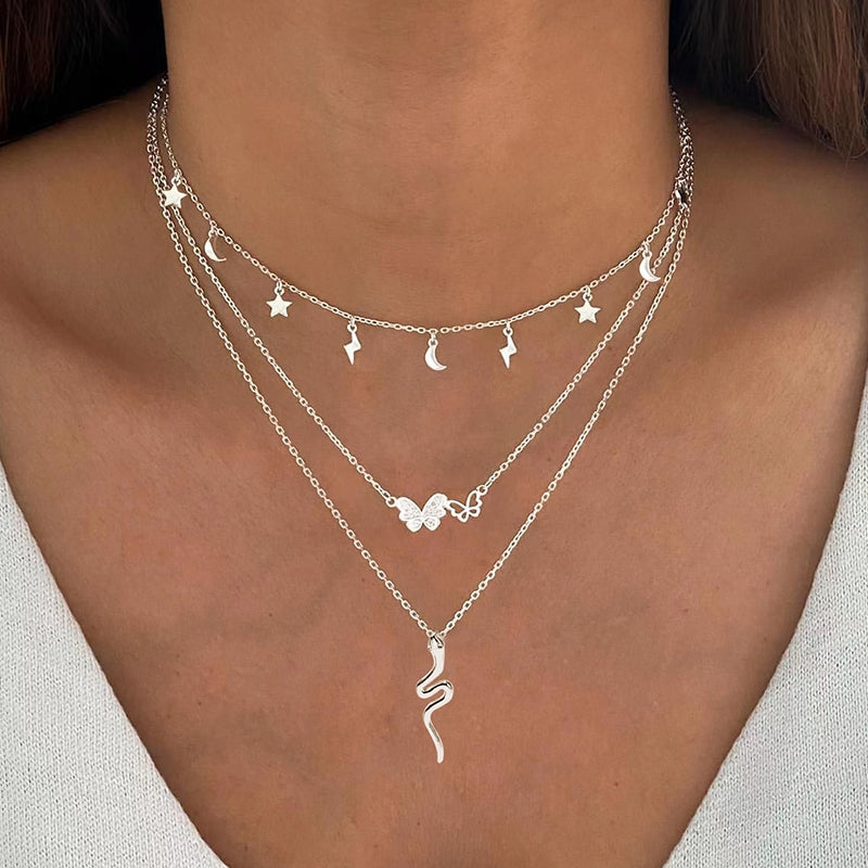 Ig Style Streetwear Snake Butterfly Lightning Alloy Inlay Rhinestones Women's Three Layer Necklace