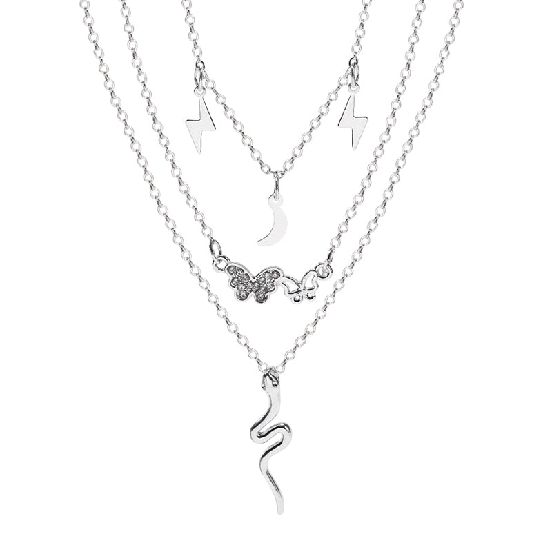 Ig Style Streetwear Snake Butterfly Lightning Alloy Inlay Rhinestones Women's Three Layer Necklace