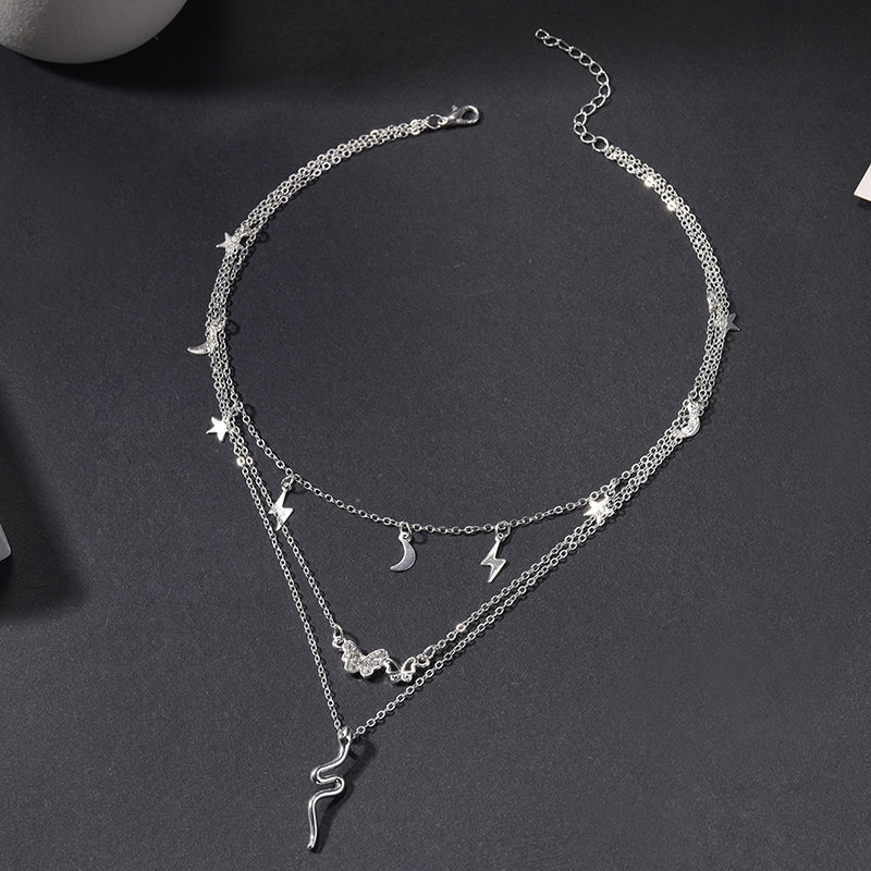 Ig Style Streetwear Snake Butterfly Lightning Alloy Inlay Rhinestones Women's Three Layer Necklace