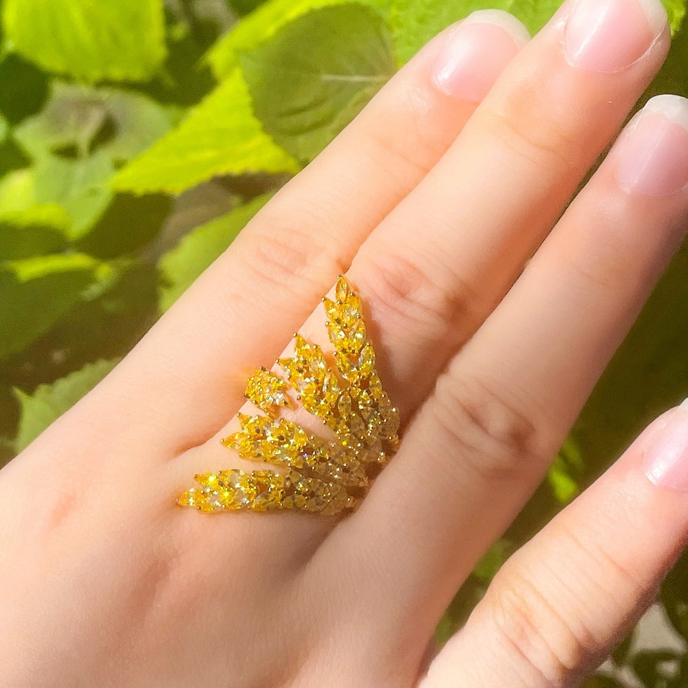 14k Gold Plated Open Ring with Inlaid Zircon and Wheat Grain Design