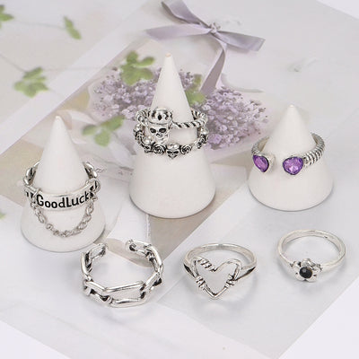 Y2K Punk Alloy Open Rings Set with Heart, Skull, Rose, and Letter Designs