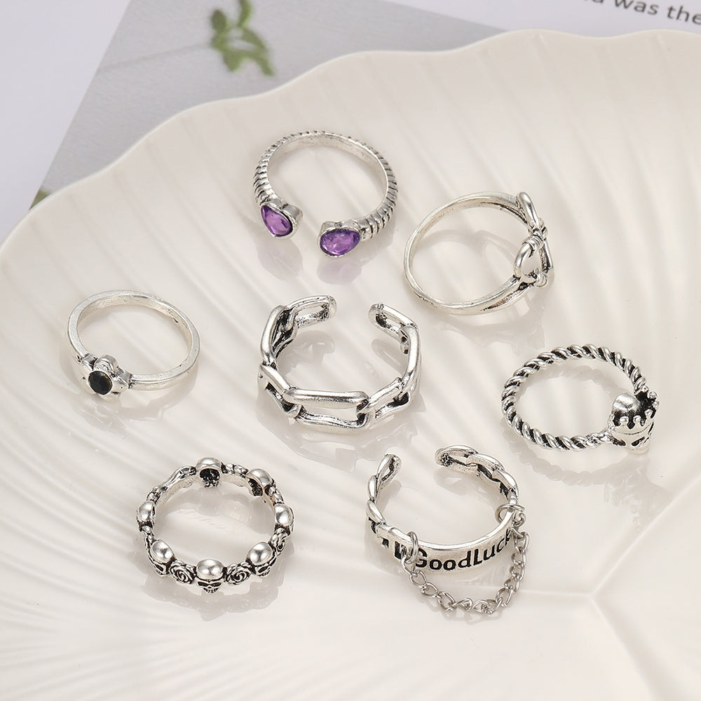 Y2K Punk Alloy Open Rings Set with Heart, Skull, Rose, and Letter Designs