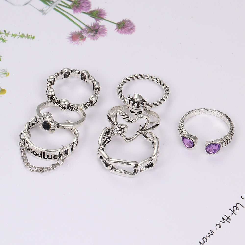 Y2K Punk Alloy Open Rings Set with Heart, Skull, Rose, and Letter Designs