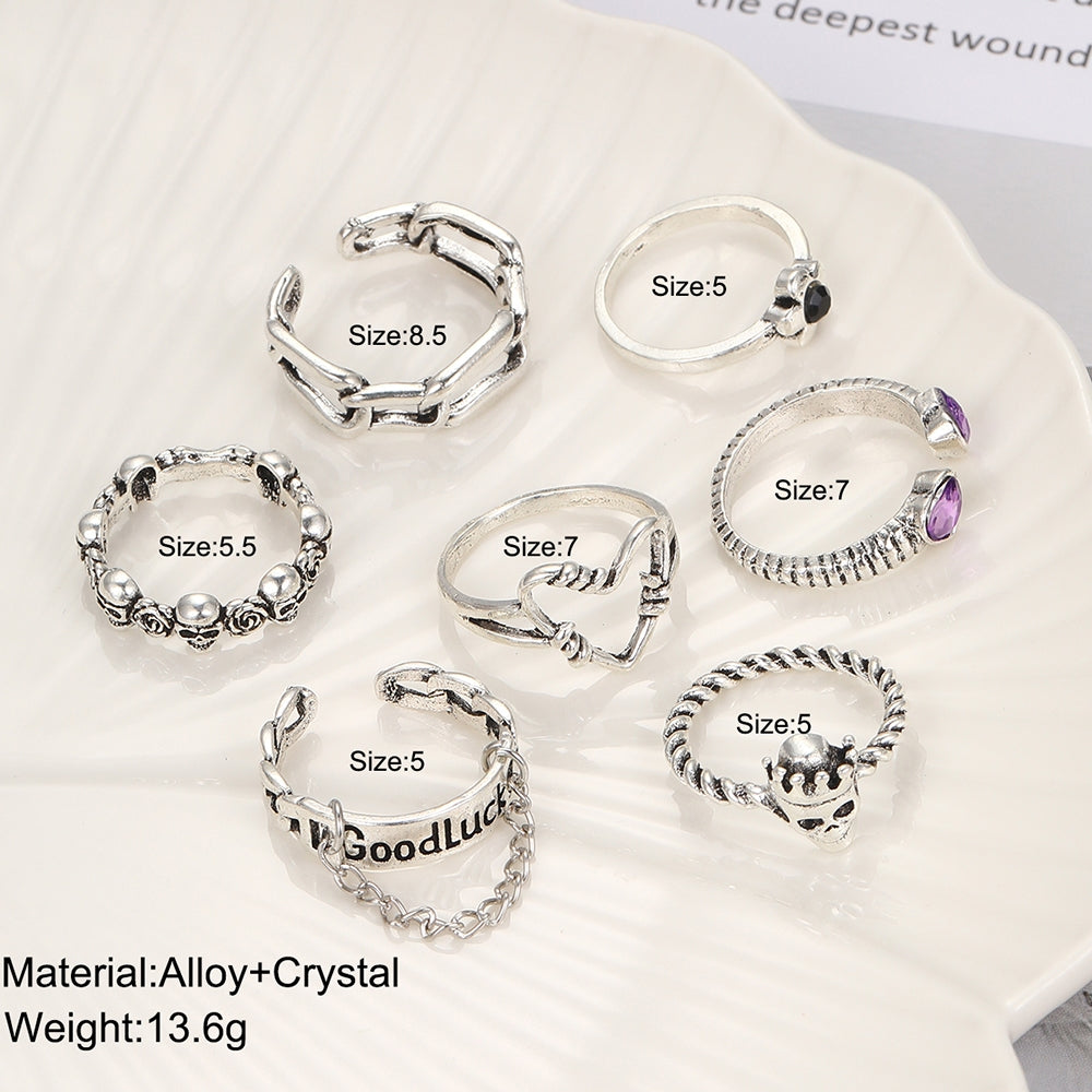 Y2K Punk Alloy Open Rings Set with Heart, Skull, Rose, and Letter Designs