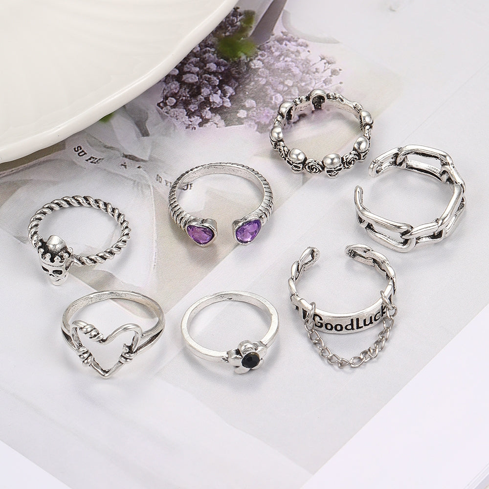 Y2K Punk Alloy Open Rings Set with Heart, Skull, Rose, and Letter Designs