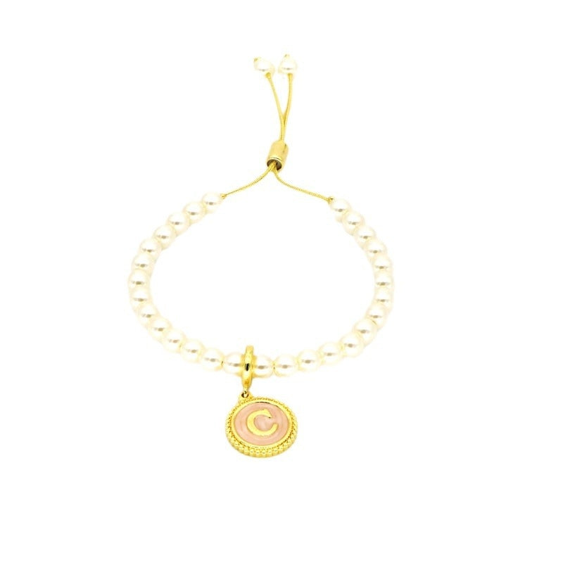 18K Gold Plated Adjustable Letter Pendant Imitation Pearl Bracelet