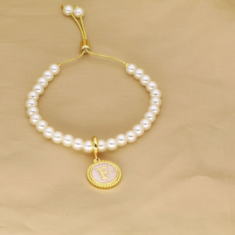 18K Gold Plated Adjustable Letter Pendant Imitation Pearl Bracelet