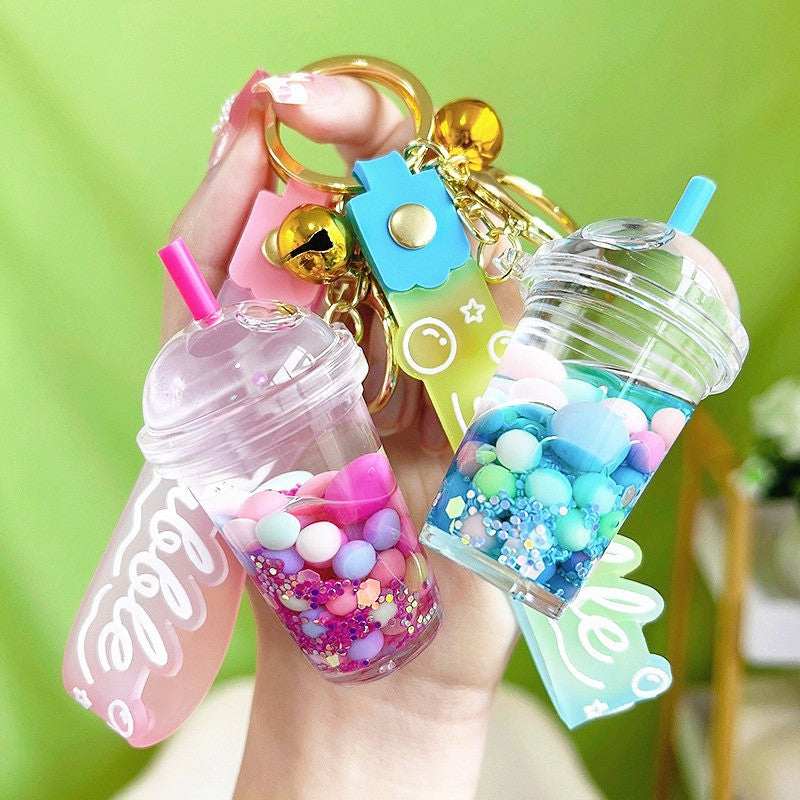 Acrylic Luminous Milk Tea Cup Keychain Pendant with Floating Sand