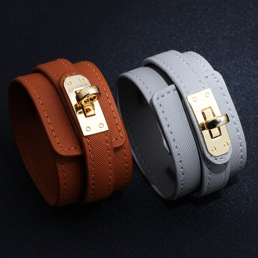 Ins Style Solid Color PU Leather Alloy Bangle - European and American Fashion Wide Leather Bracelet