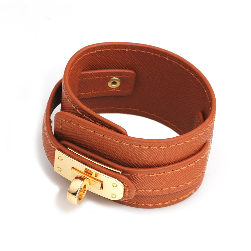 Ins Style Solid Color PU Leather Alloy Bangle - European and American Fashion Wide Leather Bracelet