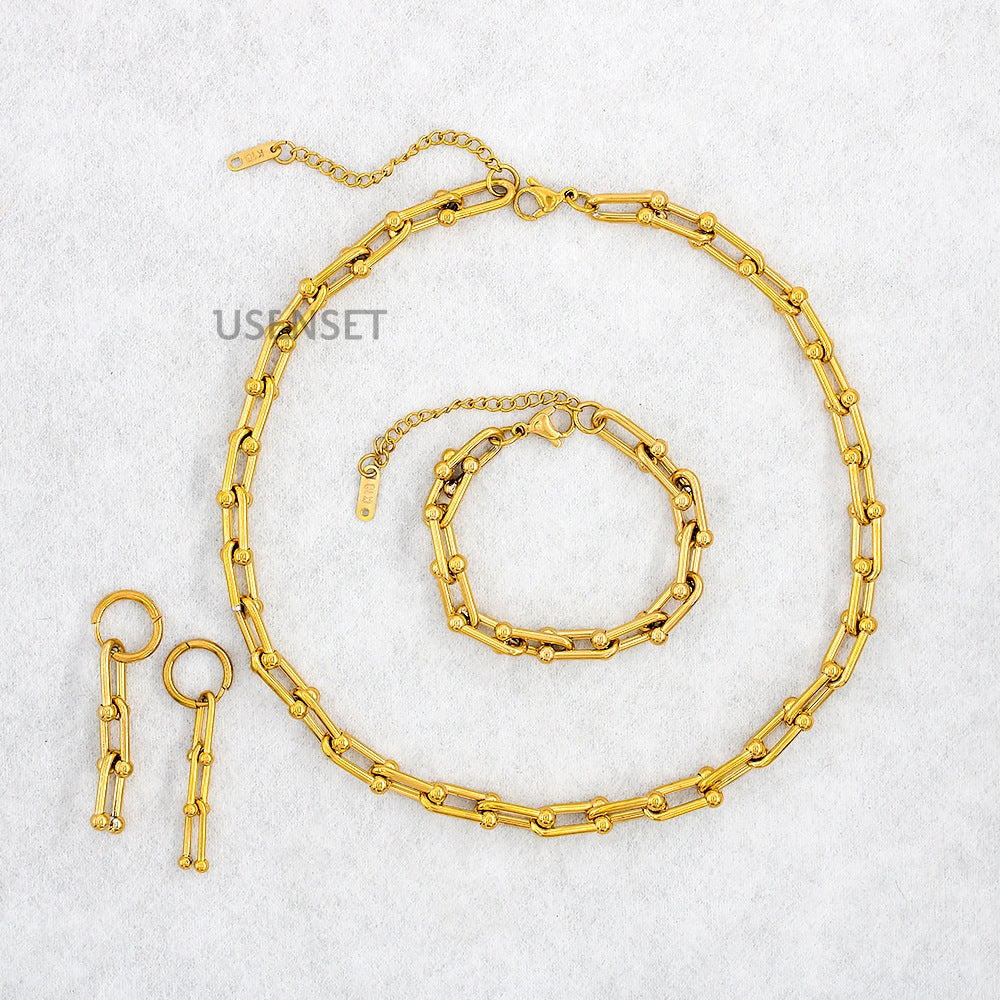 Ins Style Stainless Steel Plated Chain Jewelry Set: U-Shaped Horseshoe Necklace, Earrings, and Bracelet