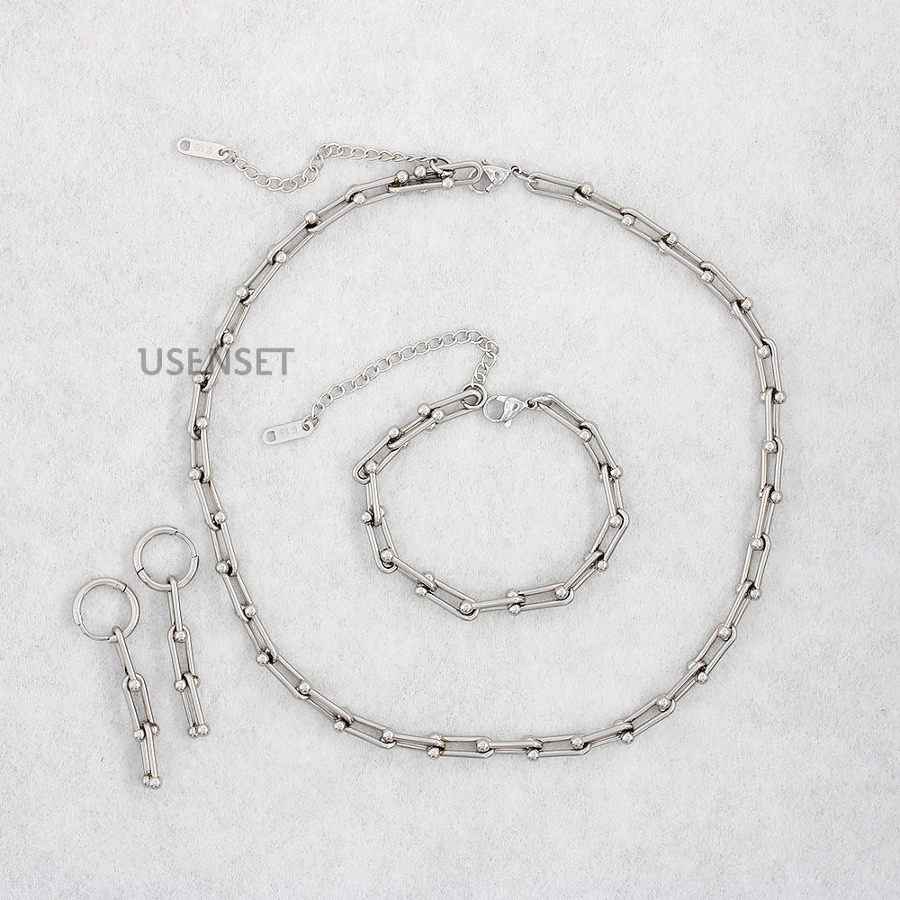 Ins Style Stainless Steel Plated Chain Jewelry Set: U-Shaped Horseshoe Necklace, Earrings, and Bracelet