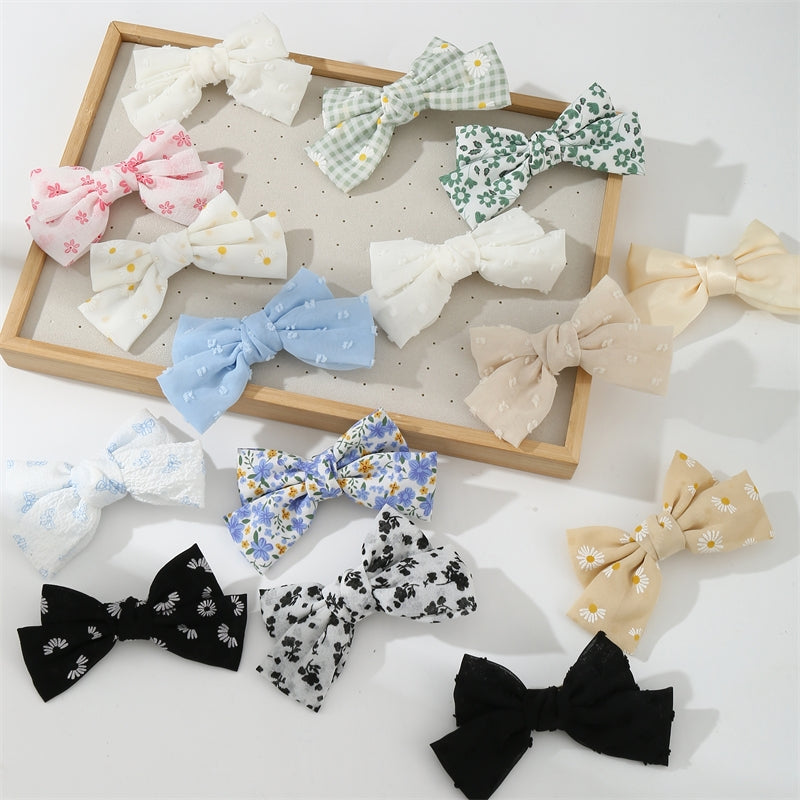 Children's Floral Bow Hair Clip Set - Colorful Fabric & Simple Style