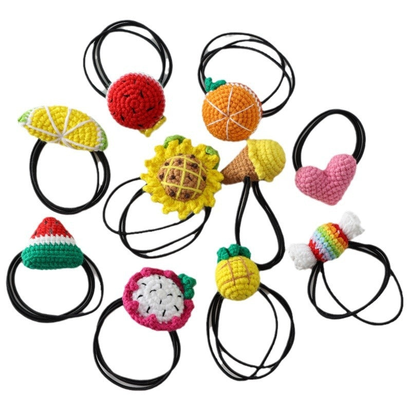 Children's Fruit Yarn Hair Tie - Trendy Crochet Elastic Ponytail Holder for Girls