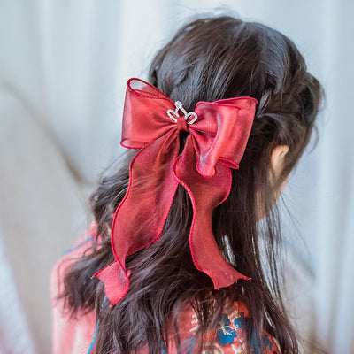 Children's Bow Knot Pearlescent Yarn Hair Clip with Long Streamers