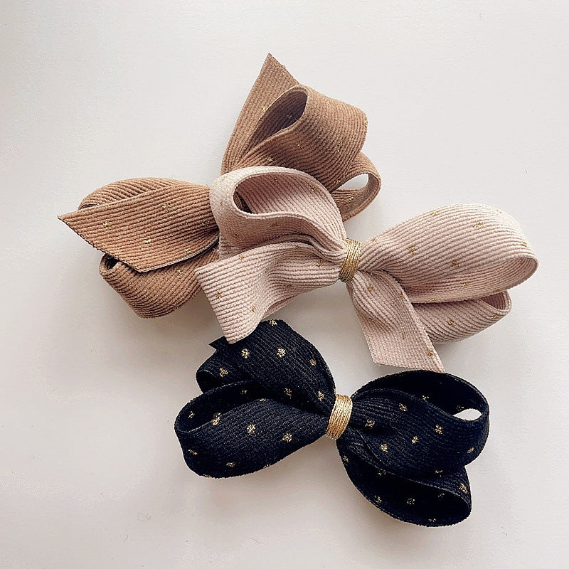 Children's Retro Bow Knot Corduroy Hair Clip with Gold Dot Design