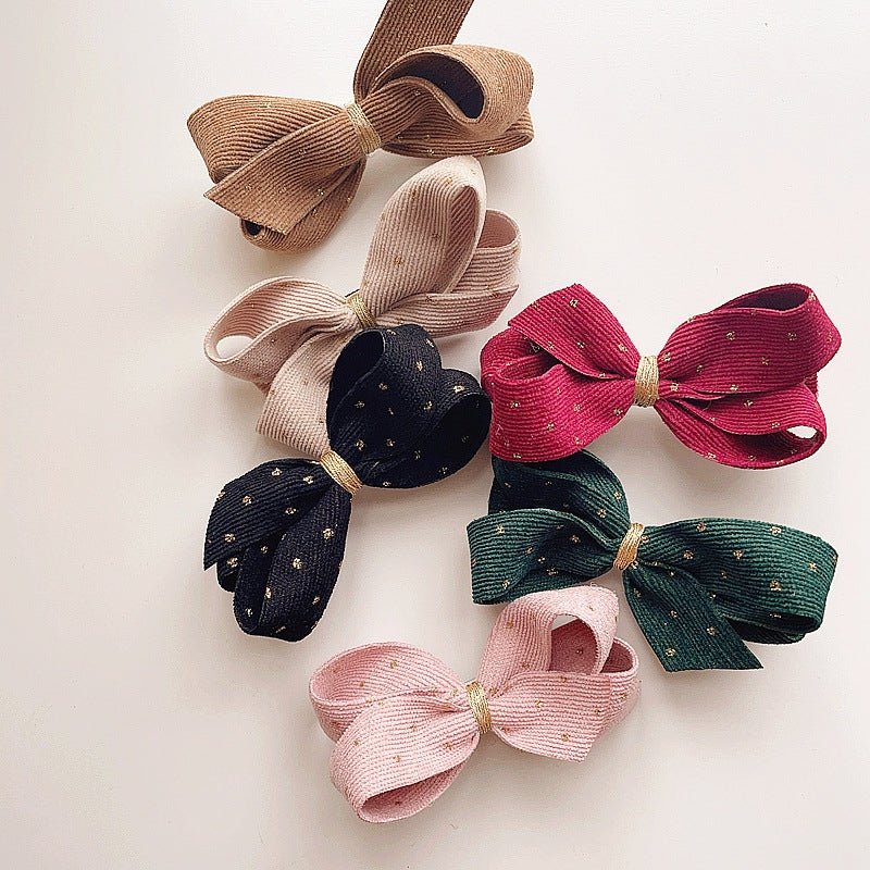 Children's Retro Bow Knot Corduroy Hair Clip with Gold Dot Design