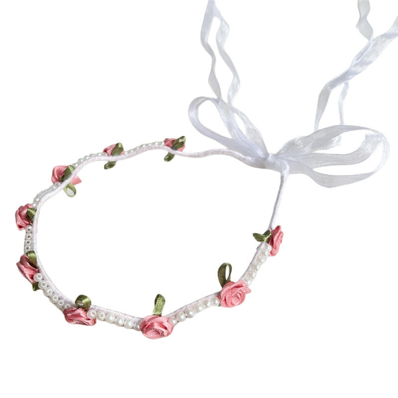 Kid's Romantic Rose Pearl Satin Hairband 2023 Trendy Sweet Floral Headband