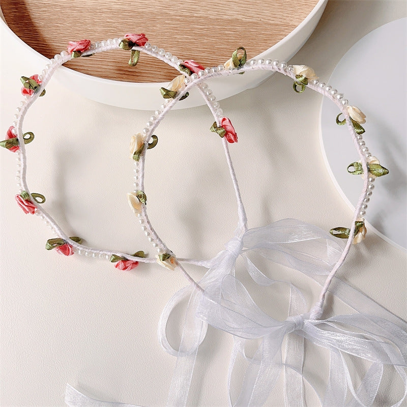 Kid's Romantic Rose Pearl Satin Hairband 2023 Trendy Sweet Floral Headband