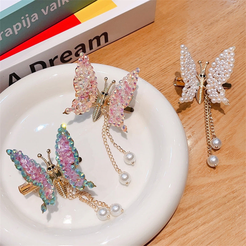 Children's Butterfly Rhinestone Hair Clip with Pearl Tassel Accessories