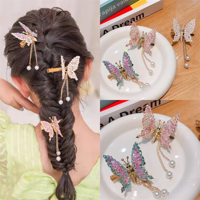 Children's Butterfly Rhinestone Hair Clip with Pearl Tassel Accessories